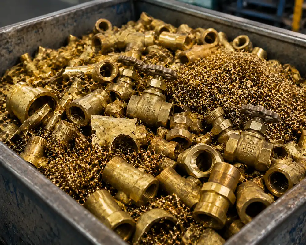 Contenedor industrial con llaves de paso de bronce y viruta metálica para reciclaje corporativo en Chile.
